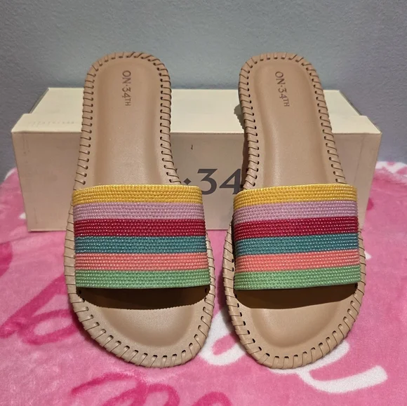 On 34th Women's Mavise Beaded Flat Beaded Striped Slide Sandals, Size 10M - Picture 2 of 4